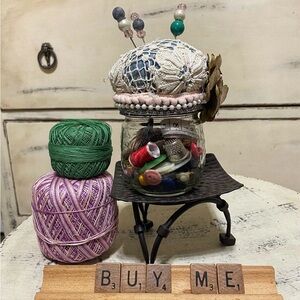 Handcrafted Pincushion Jar with Crochet Accents